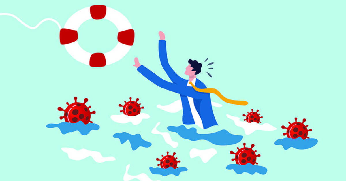dessin représentant un homme qui lance une bouée dans l'eau rempli de virus